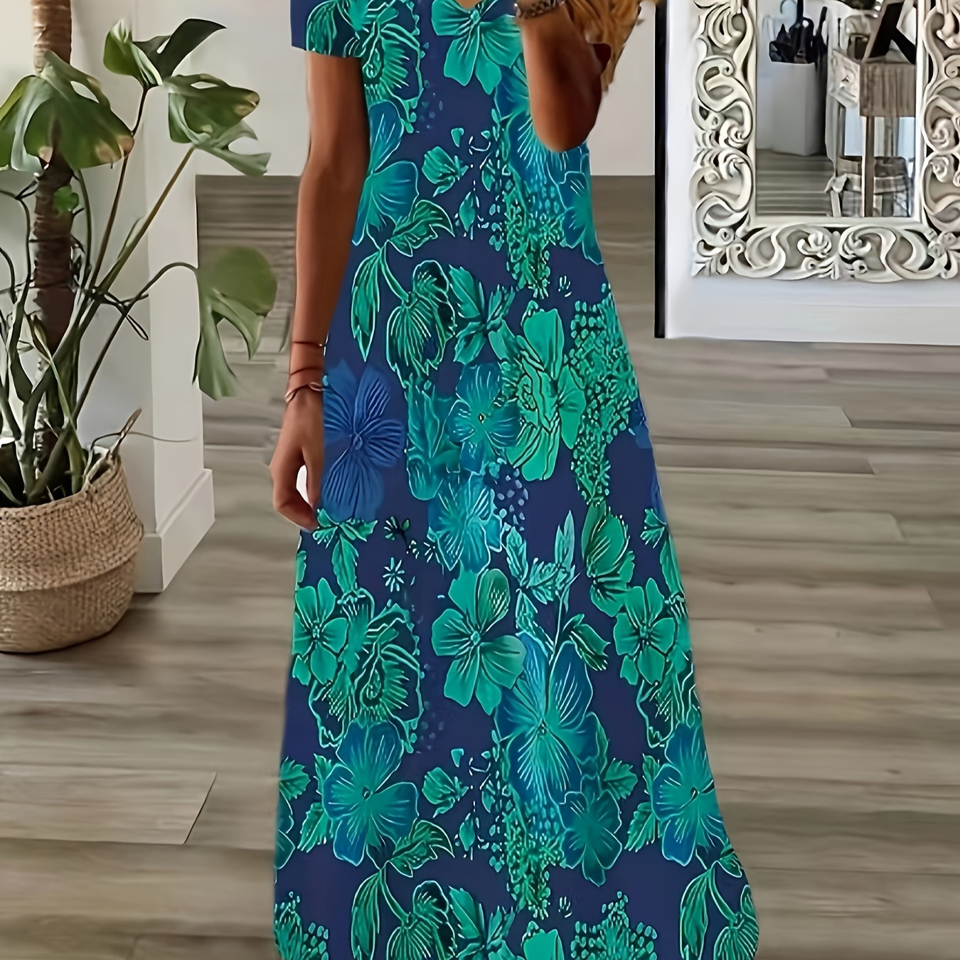 

Robe à col en V imprimé floral, robe décontractée à manches courtes pour le printemps et l'été, vêtements pour femmes