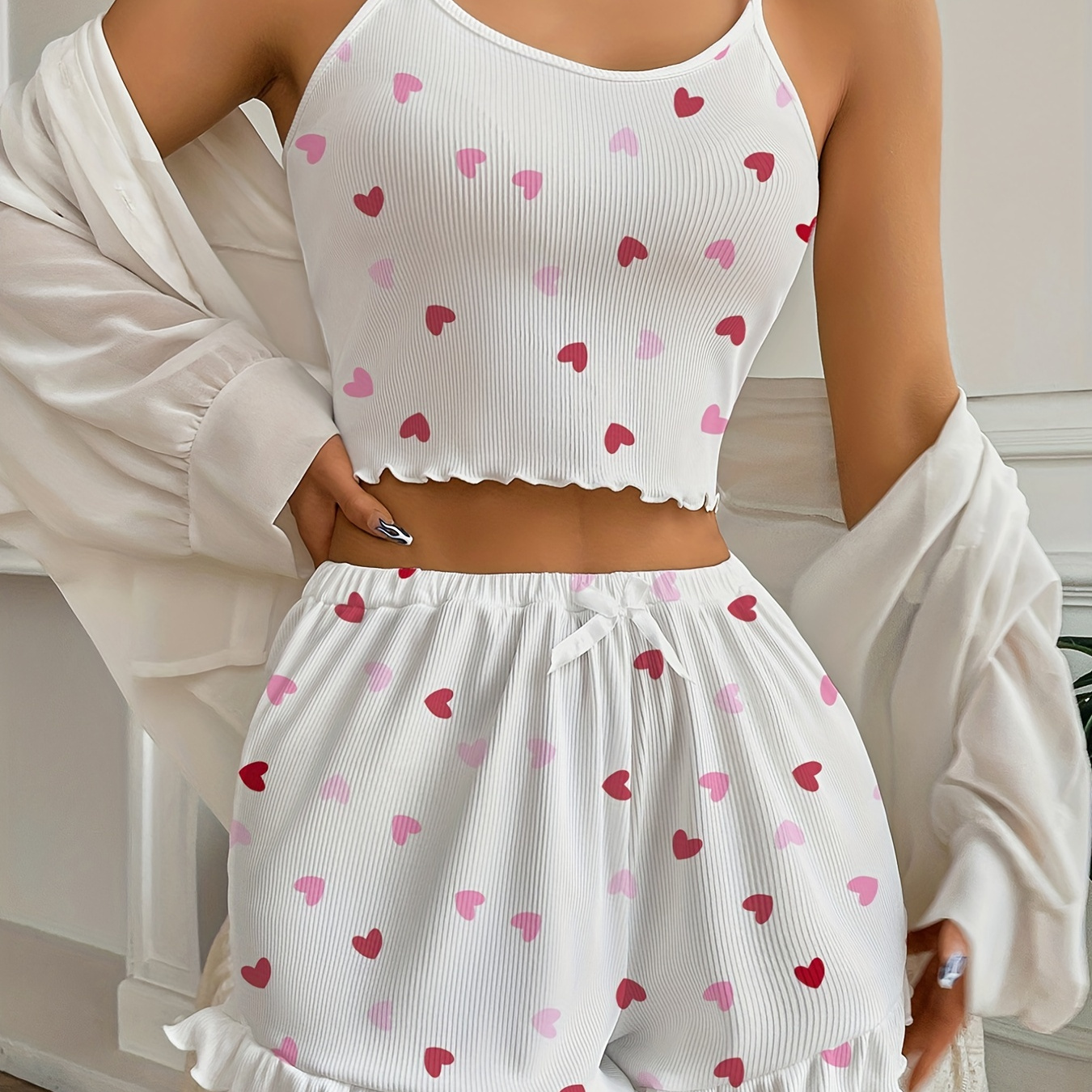 

Heart Print Pajama Set, Lettuce Trim Cami Top & Ruffle Hem Shorts, Women's Sleepwear & Loungewear