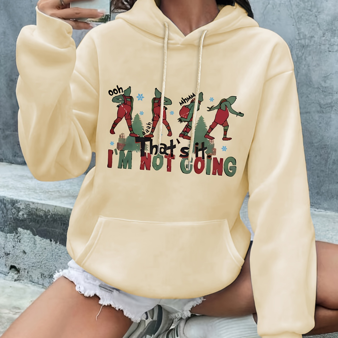 

Cartoon & Letter Print Drawstring Hooded Sweatshirt, Kangaroo Pocket Long Sleeves Casual Hoodie, Christmas Women's Sweatshirts