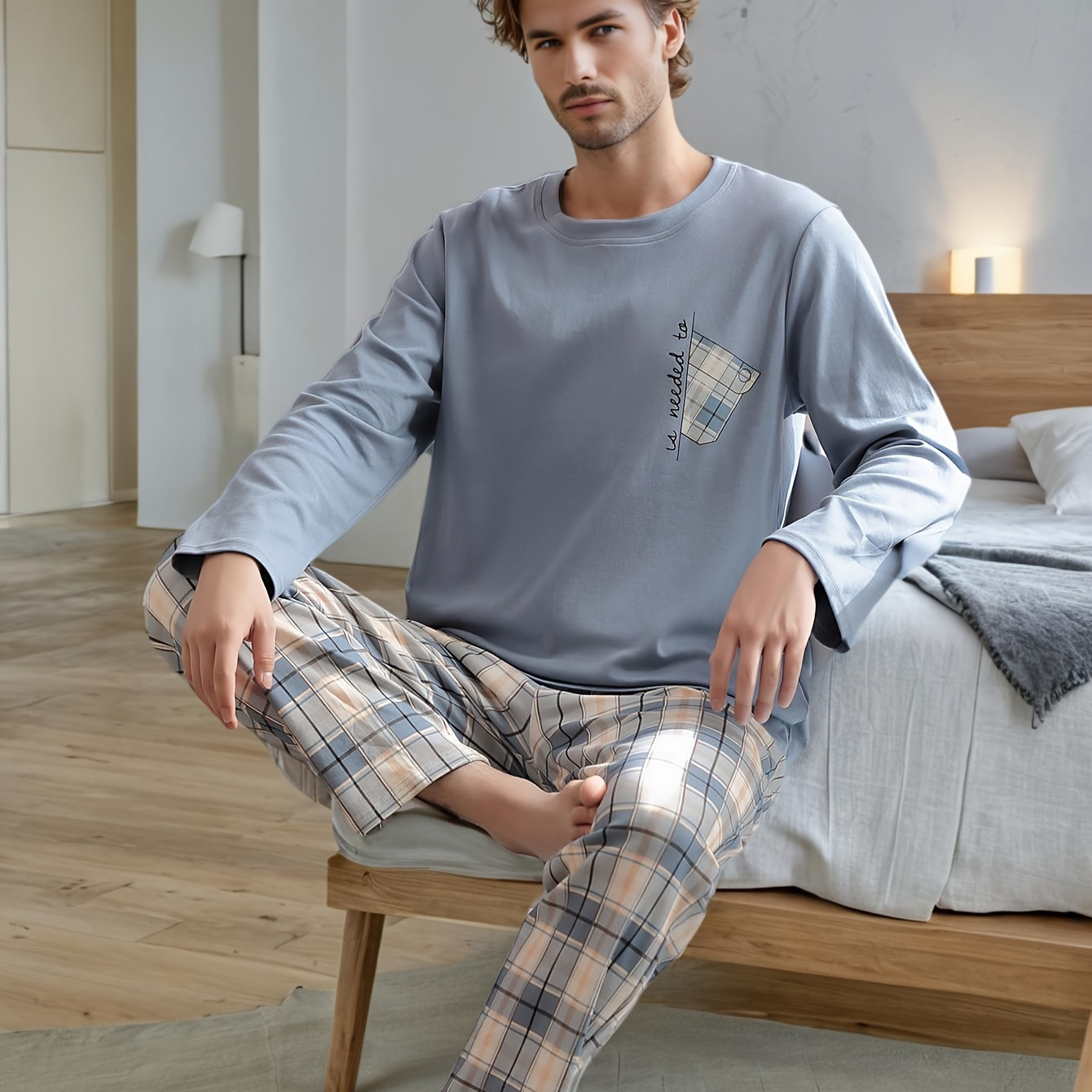 

Men' Pajama Set, Casual Two-piece, Long Sleeve Loose Fit, Polyester, Round Neck, Stretch Knit, Pocket Detail, Spring/autumn, Regular Fit,