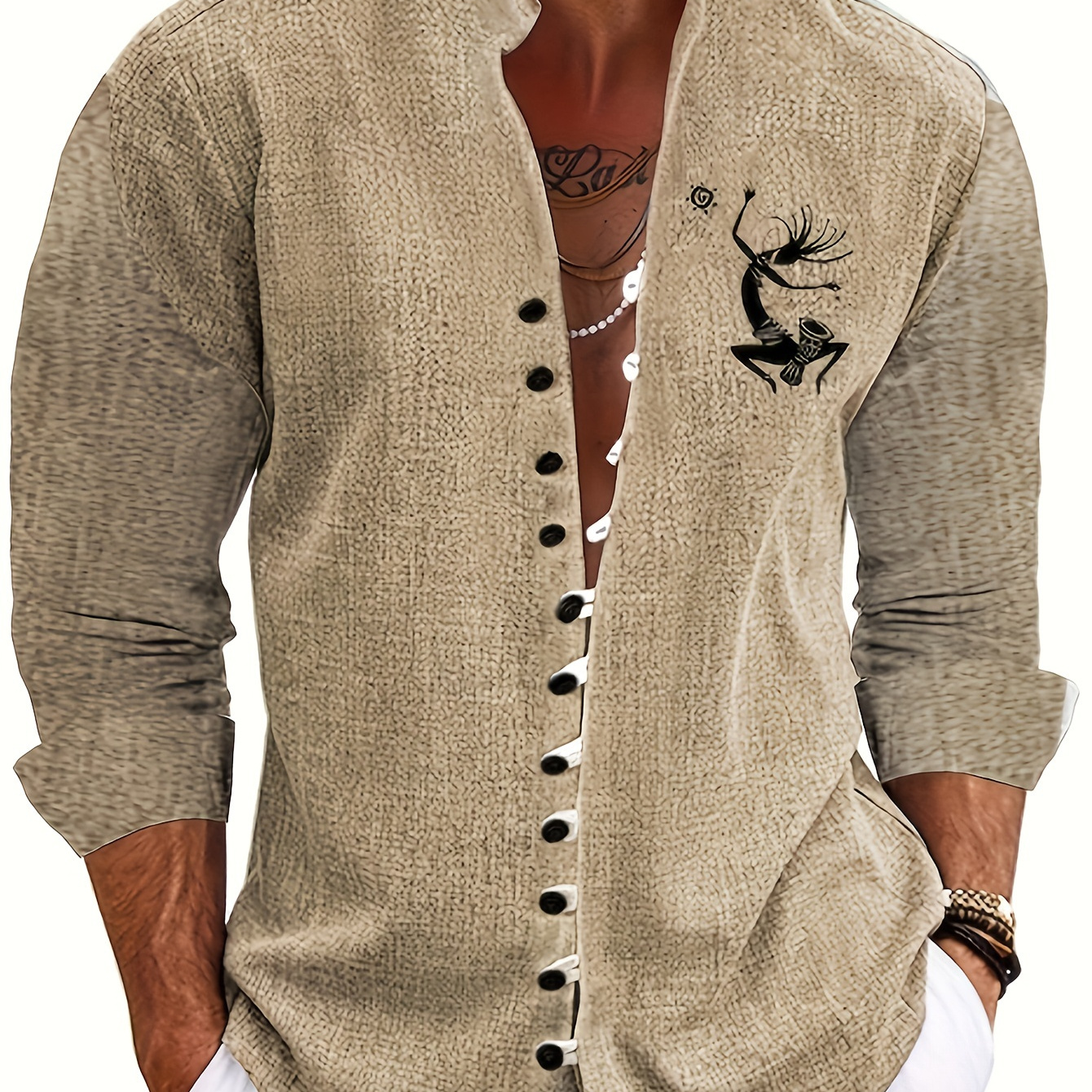 

Men's Ethnic Dancing Figure Pattern Long Sleeve Stand Collar Shirt For Spring And Fall, Casual Comfy Trendy Shirt As Gift