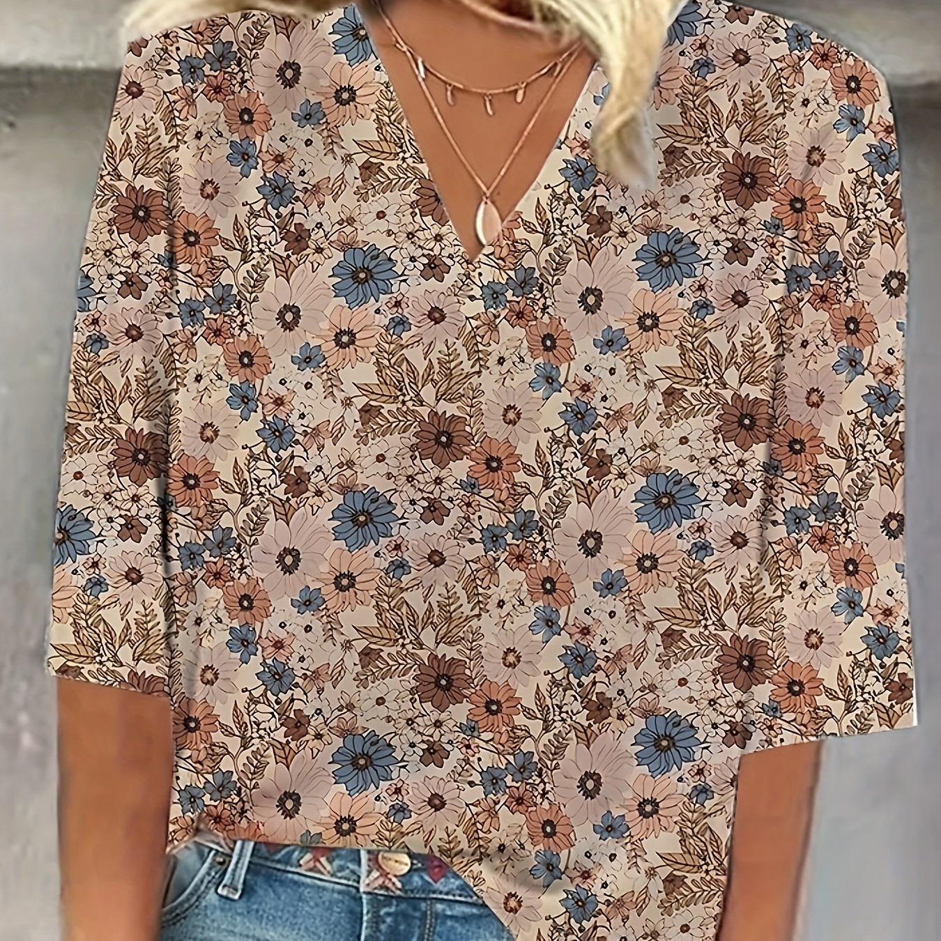 

Floral Print V Neck Blouse, Casual 3/4 Sleeve Top For Spring, Women's Clothing