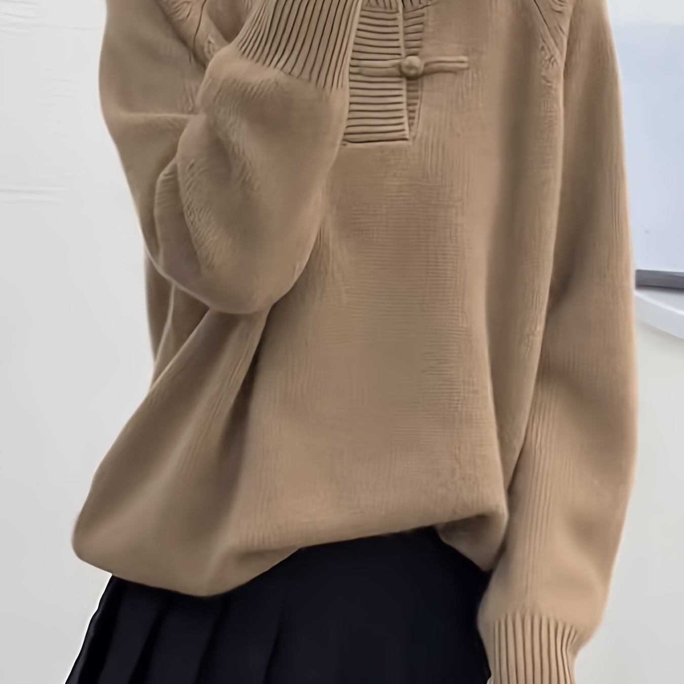 

Elegant Turtleneck Sweater For Women - Vintage-inspired Ribbed Detail, Long Sleeve, Loose Pullover With Decorative Buttons, Fall & Winter