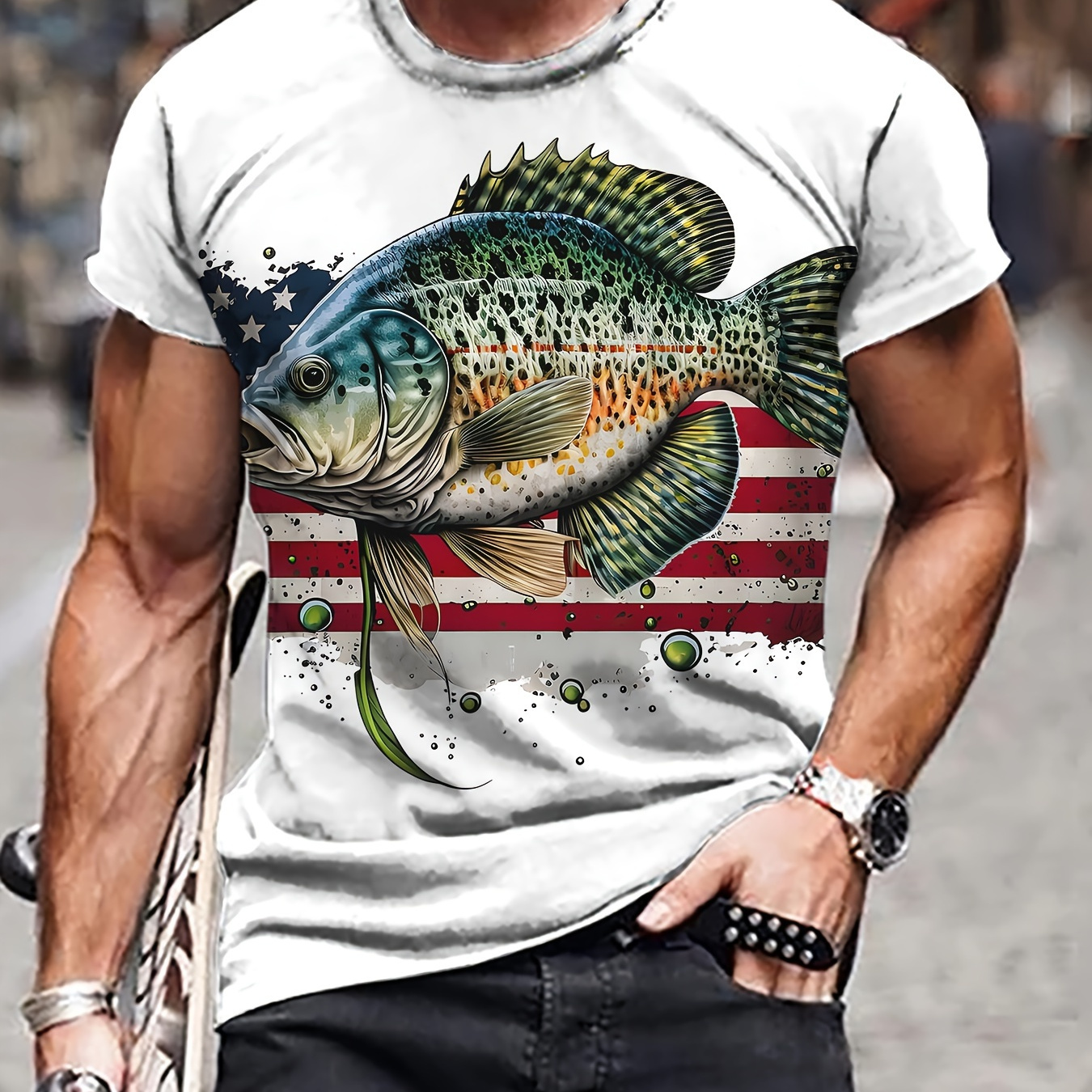 

Men's Fish Print T-shirt, Casual Short Sleeve Crew Neck Tee, Men's Clothing For Outdoor