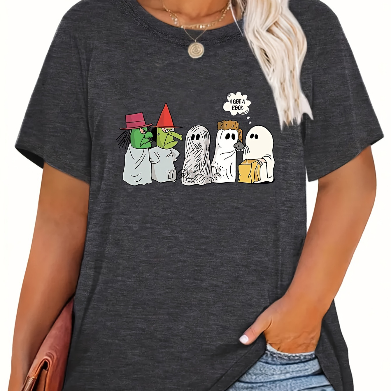 

Plus Size Ghost Print T-shirt, Casual Crew Neck Short Sleeve Top For Spring & Summer, Women's Plus Size Clothing