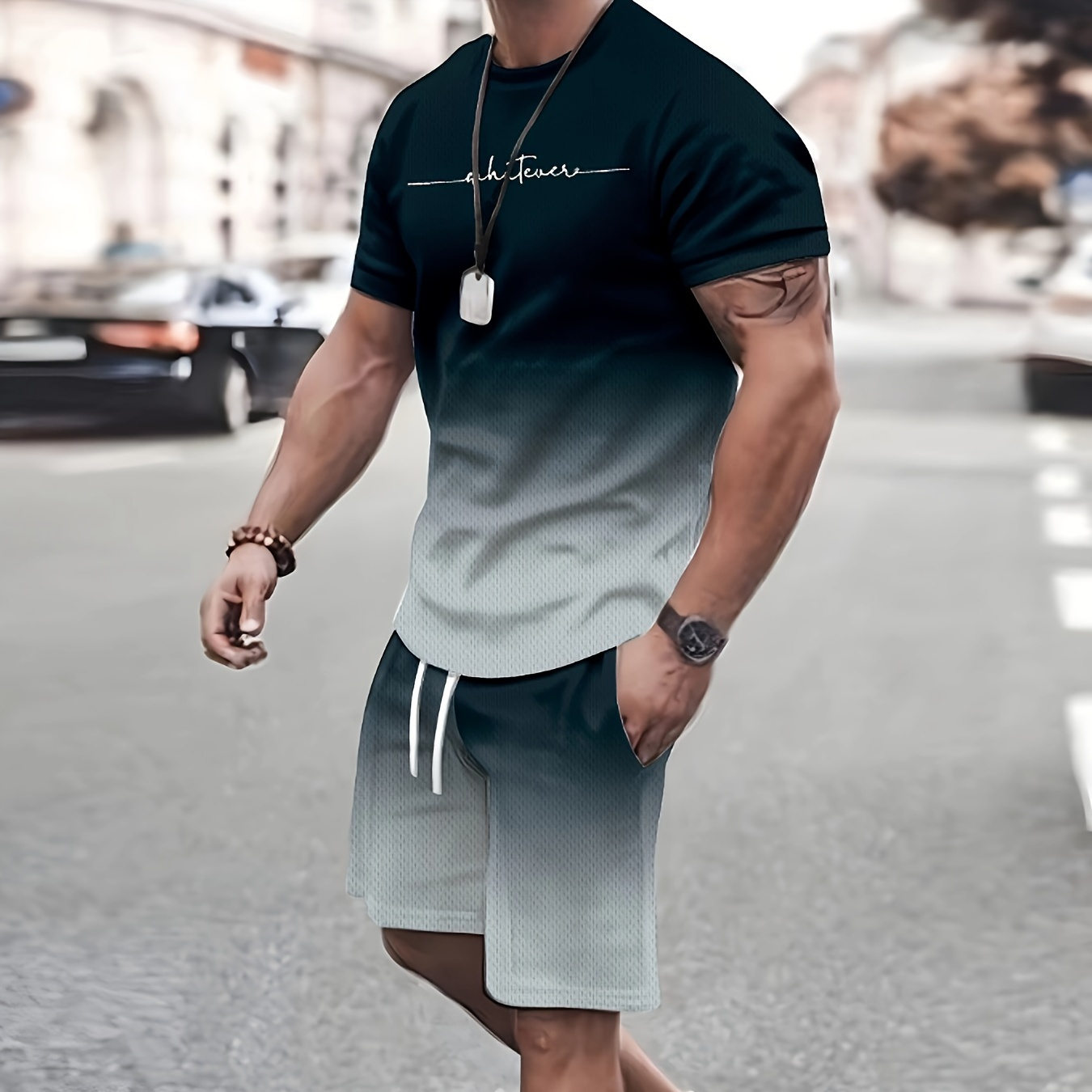 

Men's 2pcs Casual Set Of Gradient Color Outfits, Letter Print "whatever" Crew Neck Short Sleeve T-shirt And Shorts, Chic And Comfy For Summer Daily Outerwear