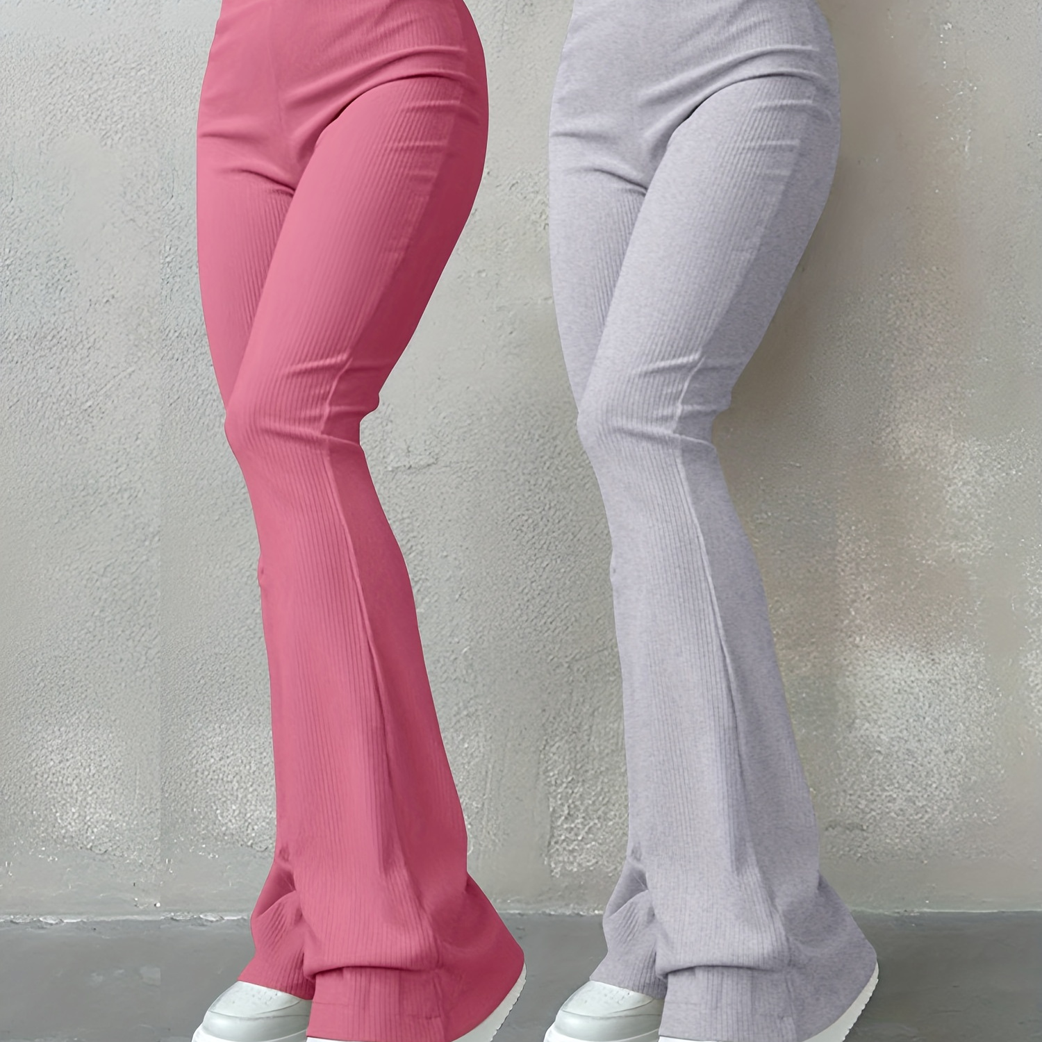 

2 Pack Solid Color Pants, High Waist Flare Leg Casual Pants, Women's Clothing
