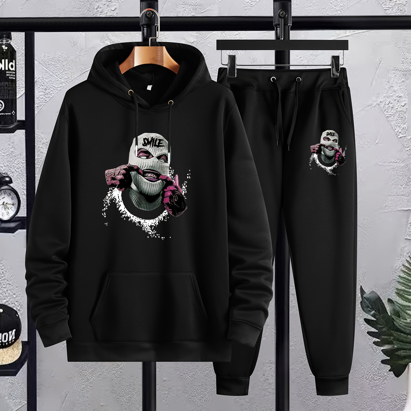 

Plus Size Men's Figure With Face Cover Graphic Print Hooded Sweatshirt & Sweatpants Set, Outdoor Fashion 2pcs Outfits