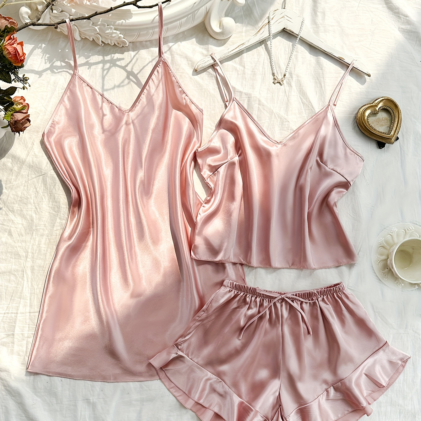 

Comfortable Relaxed 's Sexy Satin Pajama Set, V Neck Backless Slip Dress & Cami Top & Ruffle Hem Shorts For Valentine's Day