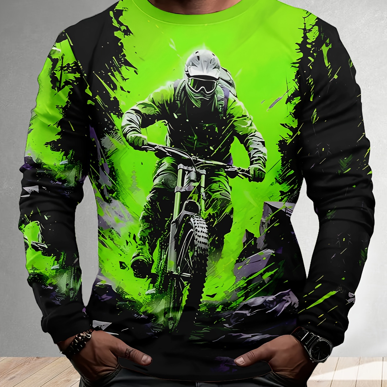 

Men's 3d Motocross Rider Print Long Sleeve T-shirt, Casual Crew Neck Polyester Top, Stretch Knit Fabric, Regular Fit For Daily & Vacation Wear, Spring/fall Season