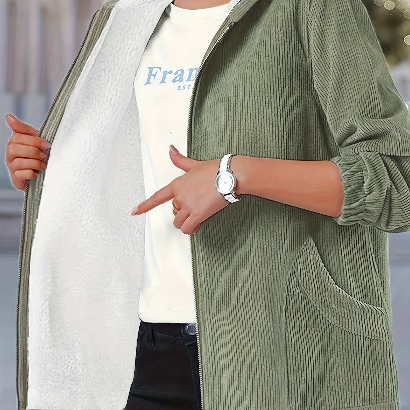 

Plus Size Casual Coat, Women's Plus Solid Liner Fleece Corduroy Zipper Long Sleeve Hooded Coat With Pockets