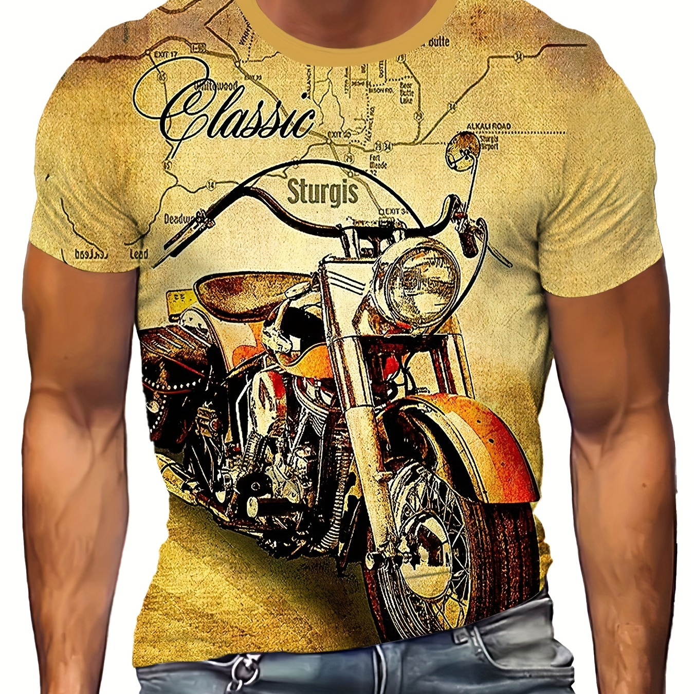 

Motorcycle 3d Print T-shirt, Men's Casual Street Style Stretch Round Neck Tee Shirt For Summer