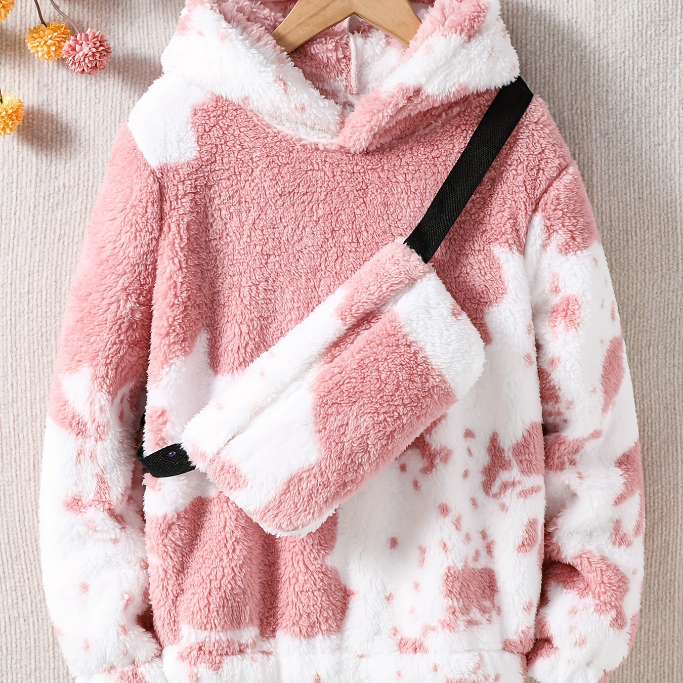 

2pcs Contrast Fuzzy Tops And Bag Set For Girls, Casual Warm Teddy Sweatshirt Tops For Kids Fall Winter Outfit, Gifts