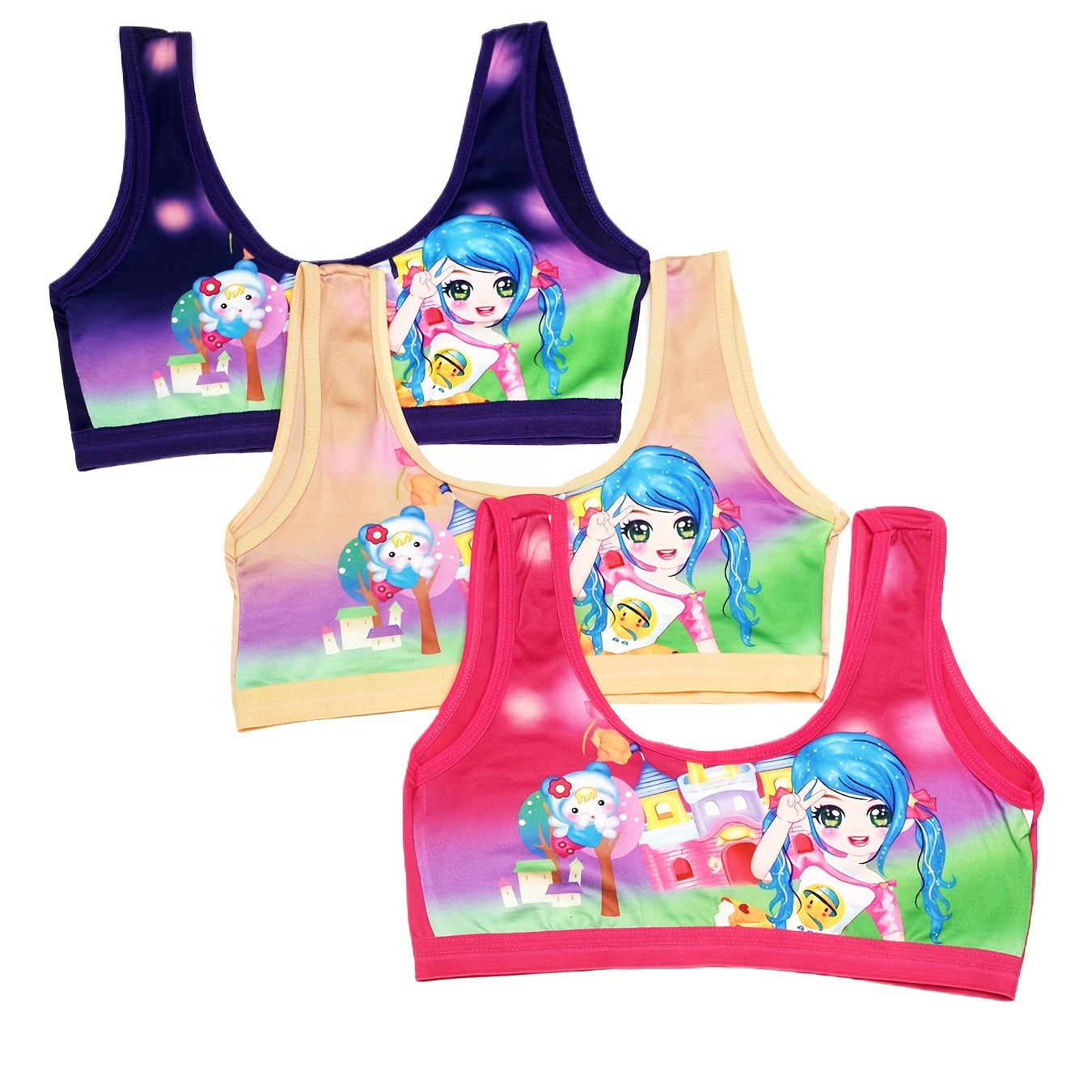 

3pc/6pc Jiabijiabi Girls Cartoon Girl Design Tank Tops, Comfortable Student Vest, Training Bra For Girls, Youth Puberty Underwear For 12-14 Years Old