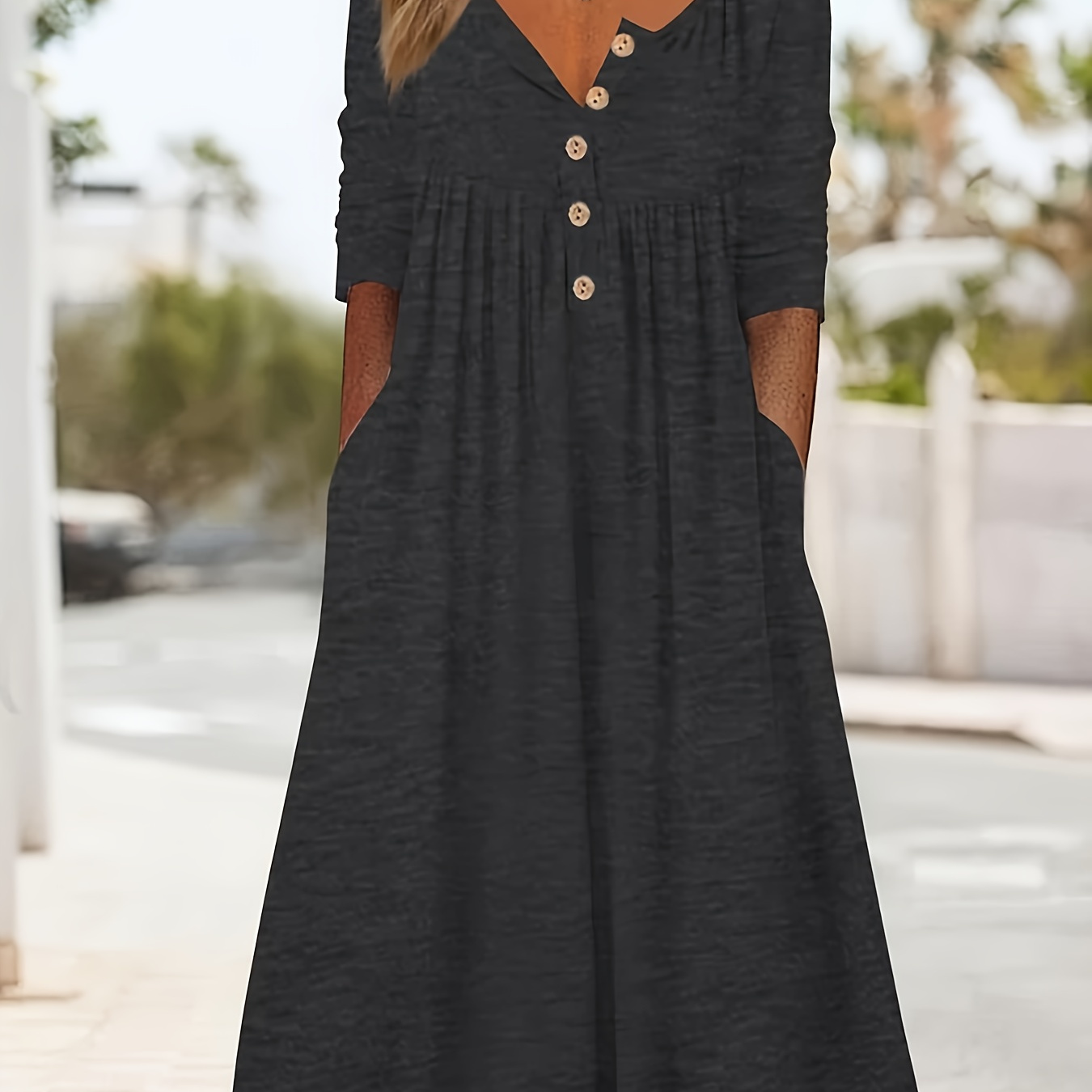 

Solid Button Front Pockets Dress, Elegant Long Sleeve Ruffle Hem Midi Dress For Spring & Fall, Women's Clothing