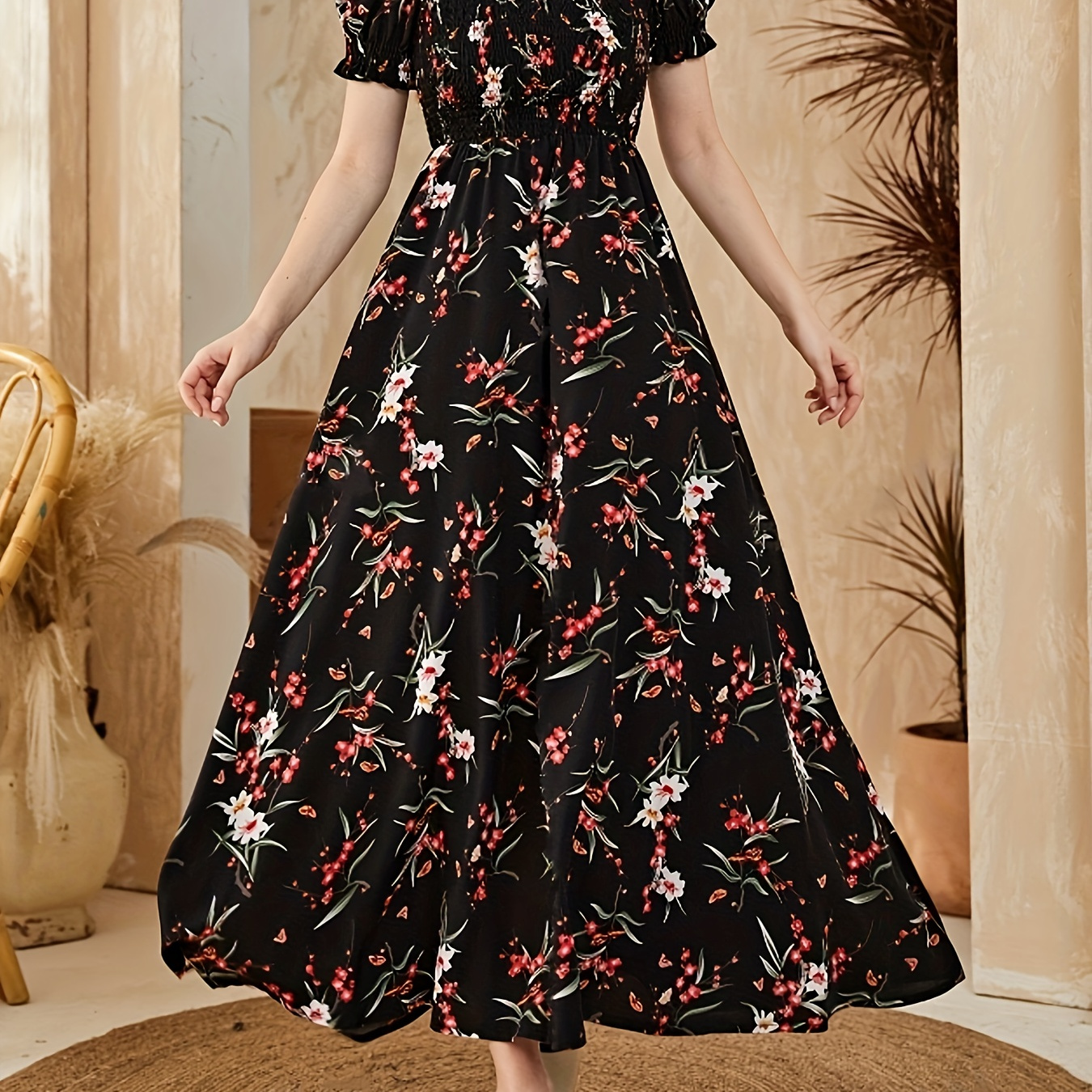 

Robe à imprimé floral avec encolure carrée, élégante robe à manches courtes pour le printemps et l'été, vêtements pour femmes