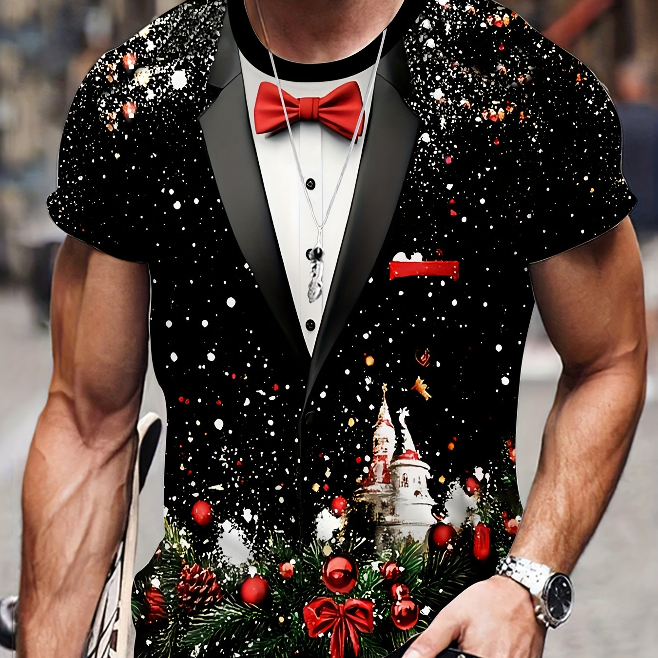 

Men' Casual T-shirt With 3d Christmas Castle And Bow Print, Round Neck, Short Sleeve, Polyester - Summer Wear