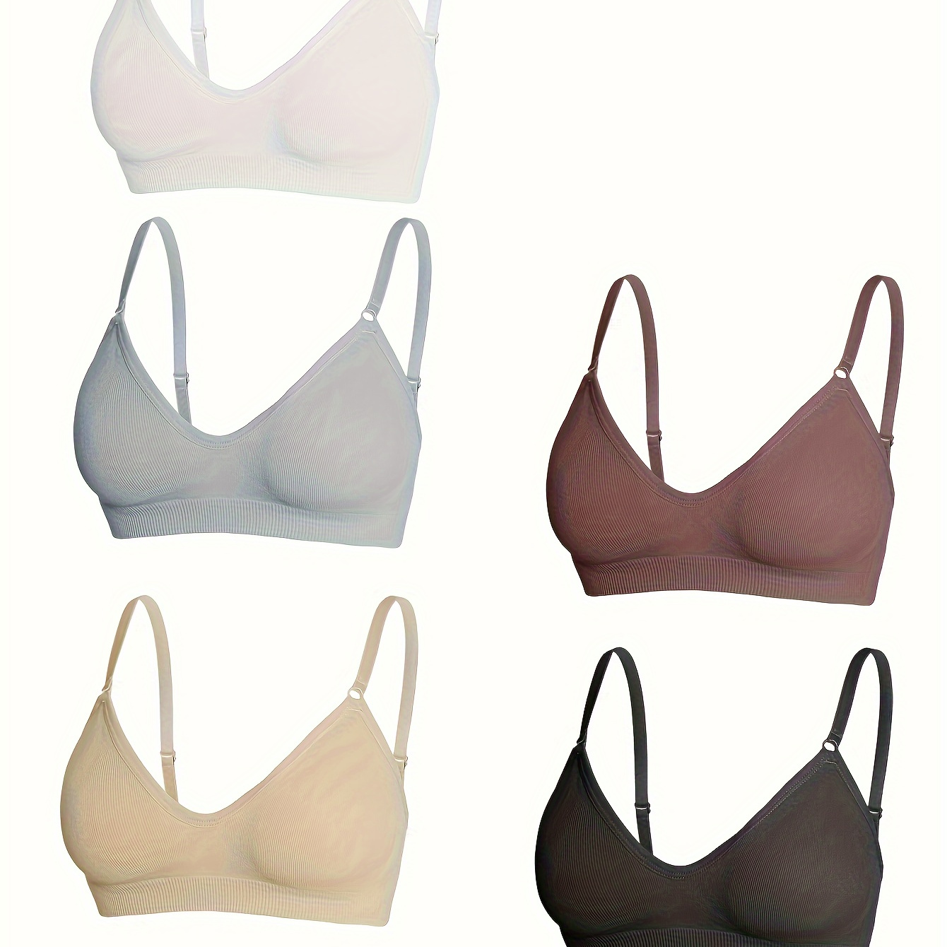 

5pcs Solid Color Ribbed Bra, Comfy & Breathable Wireless Bra, Women's Lingerie & Underwear