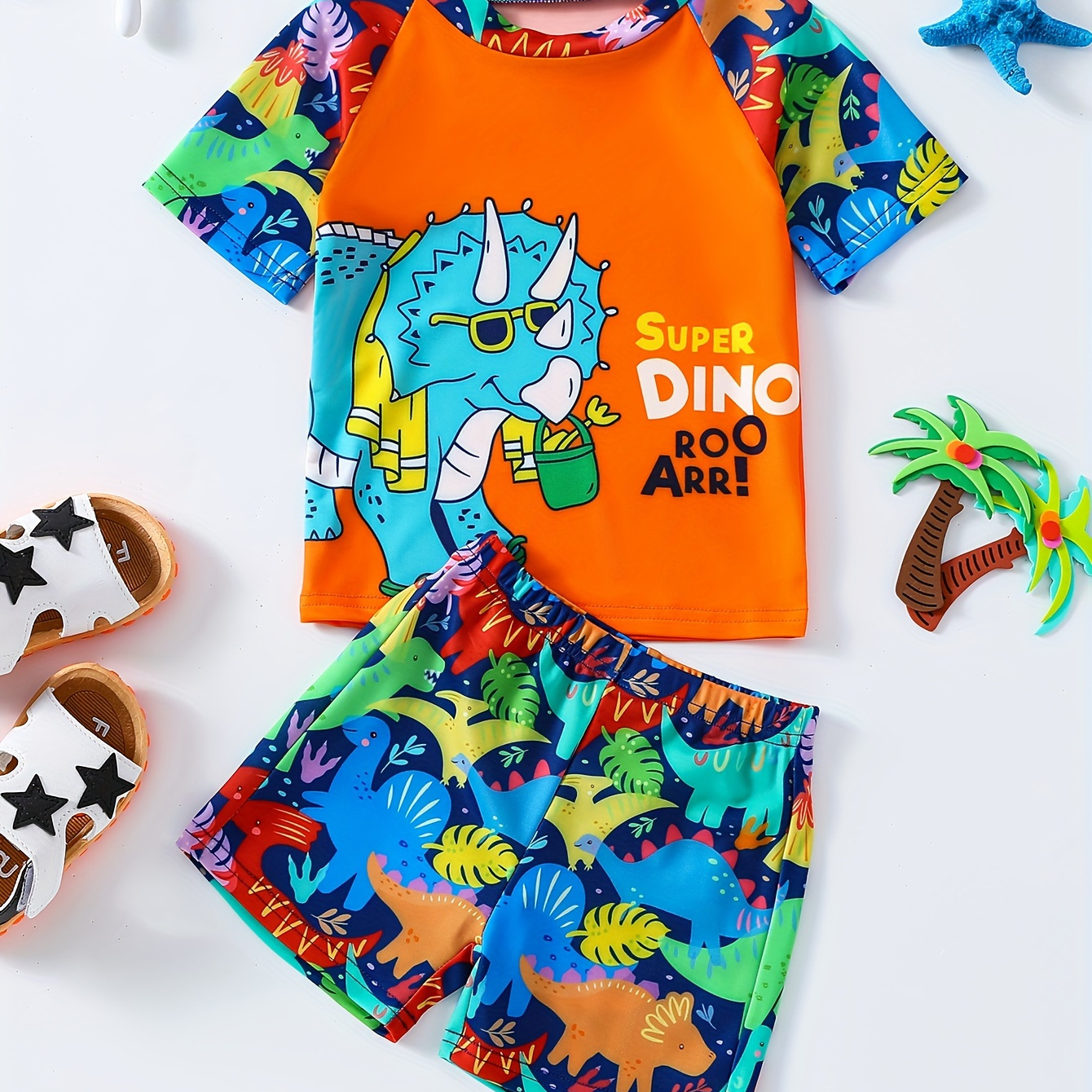 

2pcs Playful Cartoon Dinosaurs Pattern Swimsuit For Boys, T-shirt & Swim Trunks Set, Stretchy Surfing Suit, Boys Swimwear For Summer Beach Vacation