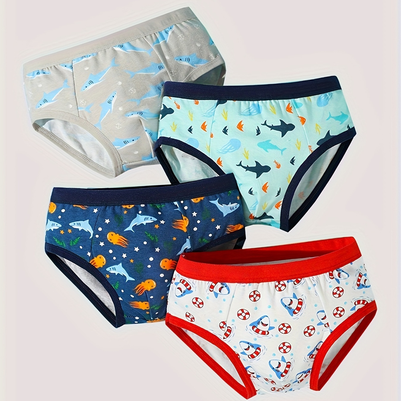 

4pcs Boy's Cartoon Shark Pattern Briefs, Student Simple Style Boxers, Comfortable & Breathable Cotton Underwear For Daily Wear