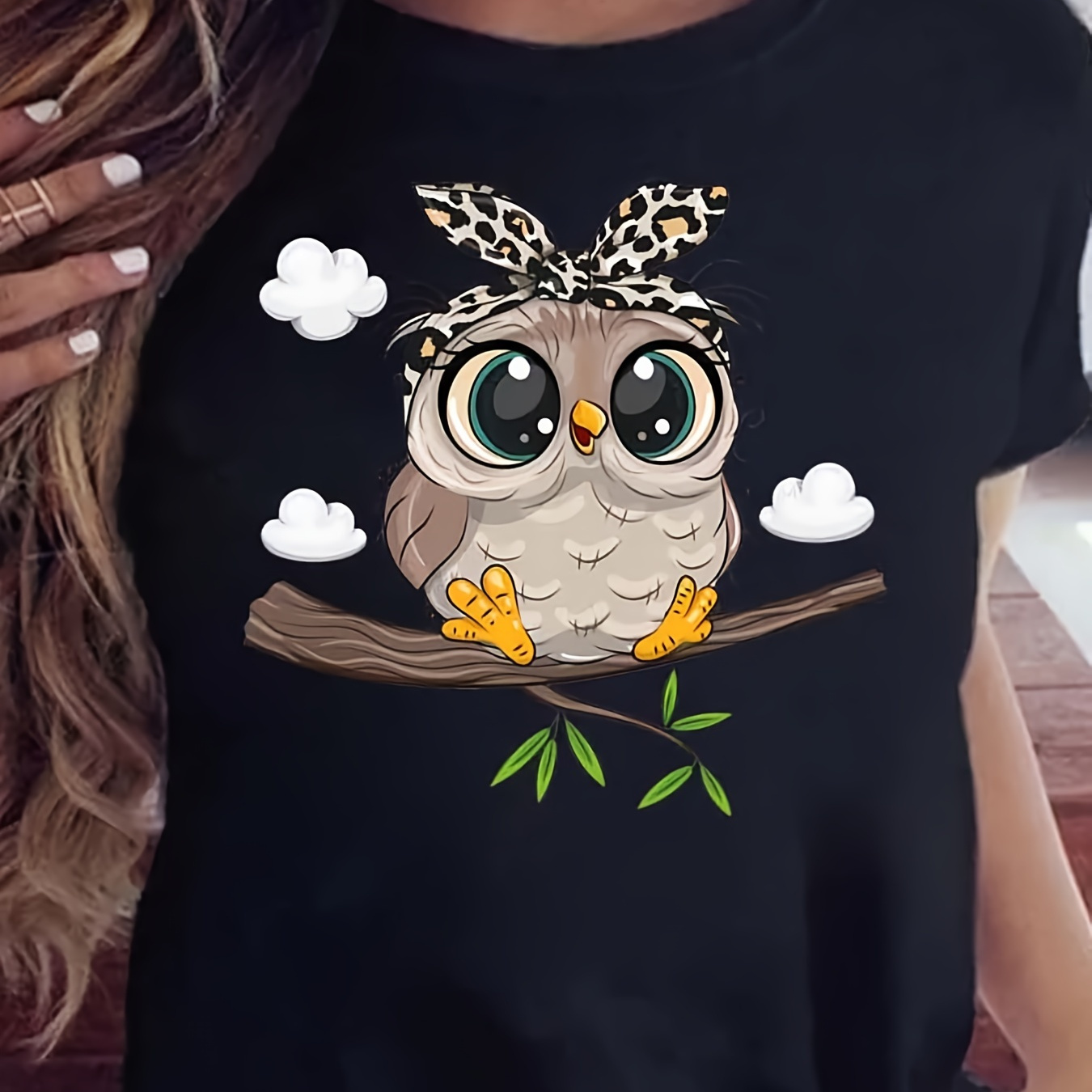 

Women's Cute Cartoon Owl Print T-shirt - Sexy Crew Neck Polyester Knit Fabric Top With Stretch, Regular Length, Wear