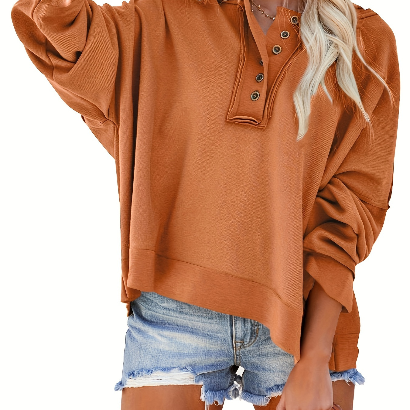 

Button Front Loose Hoodie, Casual Long Sleeve Drop Shoulder Sweatshirt, Women's Clothing