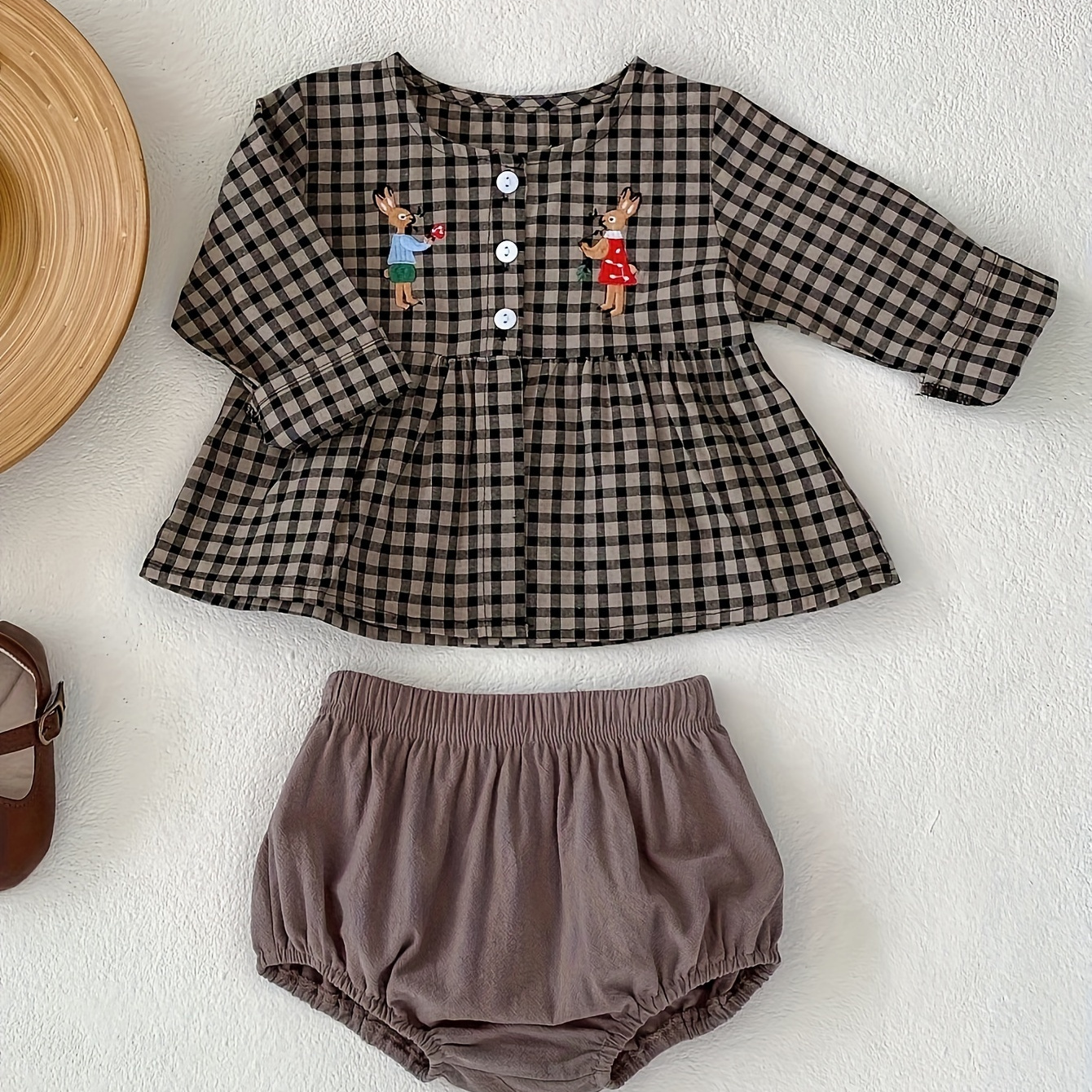 

2pcs Bunny Embroidered Infant & Toddler's Comfy Cotton Outfit, Plaid Pattern Long Sleeve Blouse & Triangle Shorts, Baby Girl's Clothes