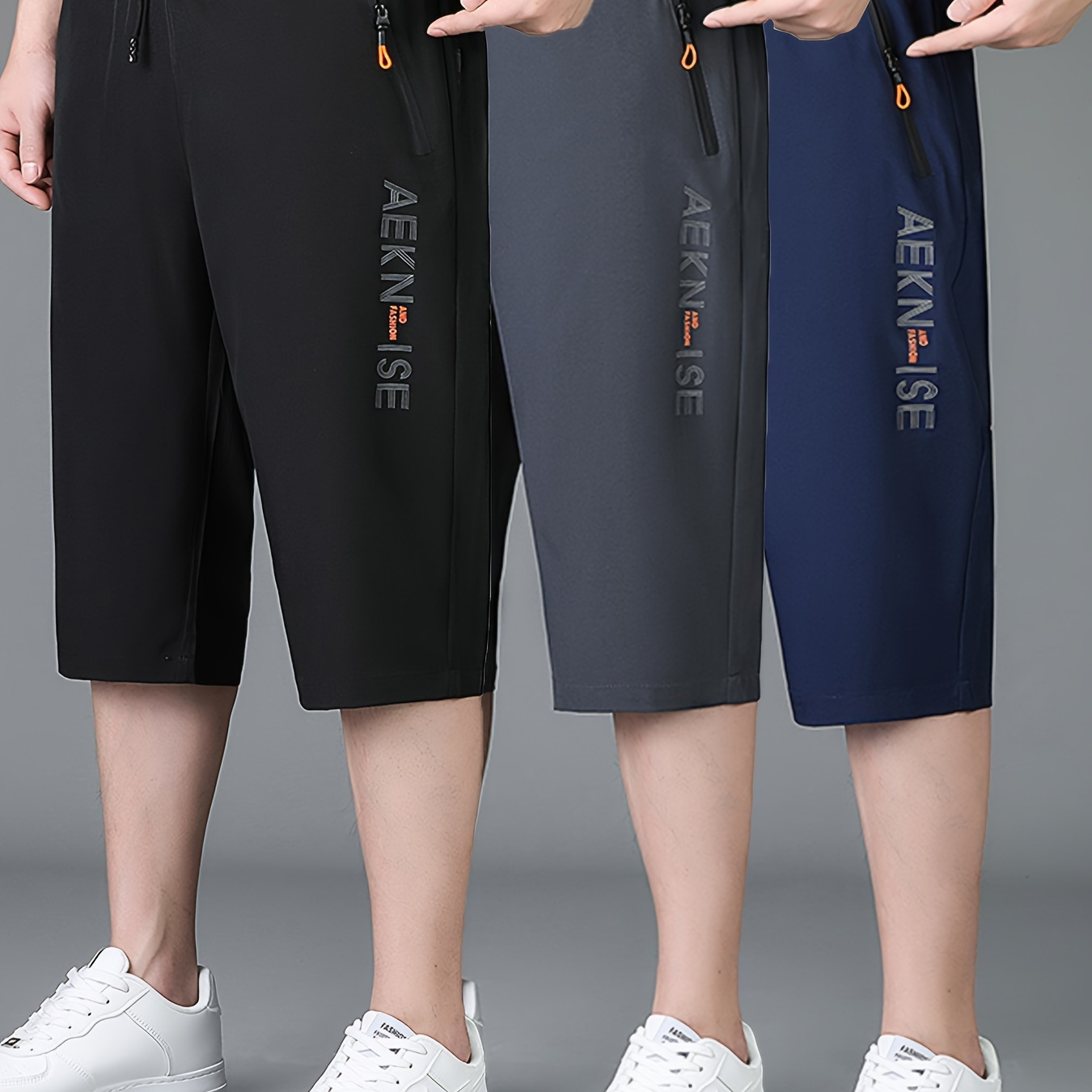 

3pcs Men's 3/4 Length Alphabet Print Slightly Stretch Waist Drawstring Shorts For Summer Casual