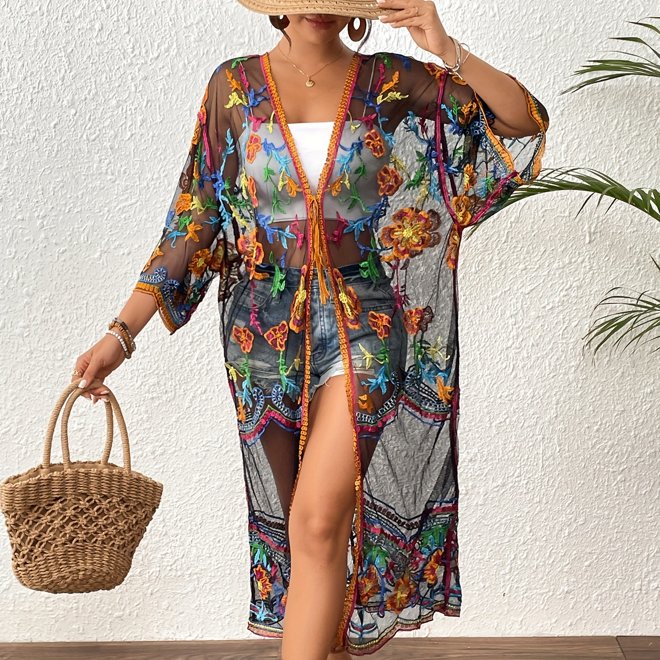 

Elegant Kimono Cover-up - Sheer Knit Mesh With Embroidery, V-neck, 3/4 Sleeve Beachwear For Women, Beach Vacations & Pool Parties