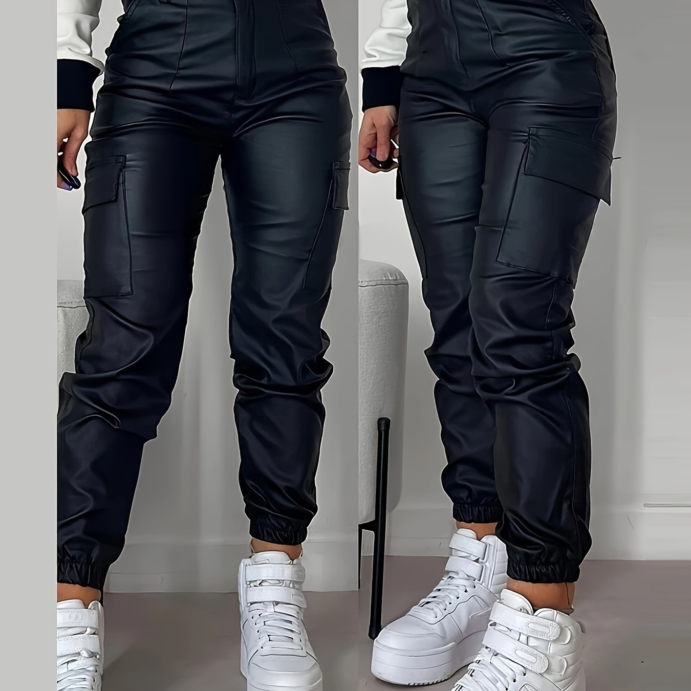 

Flap Pockets Jogger Cargo Pants, Stylish Faux Leather High Waist Pants For Spring & Summer, Women's Clothing