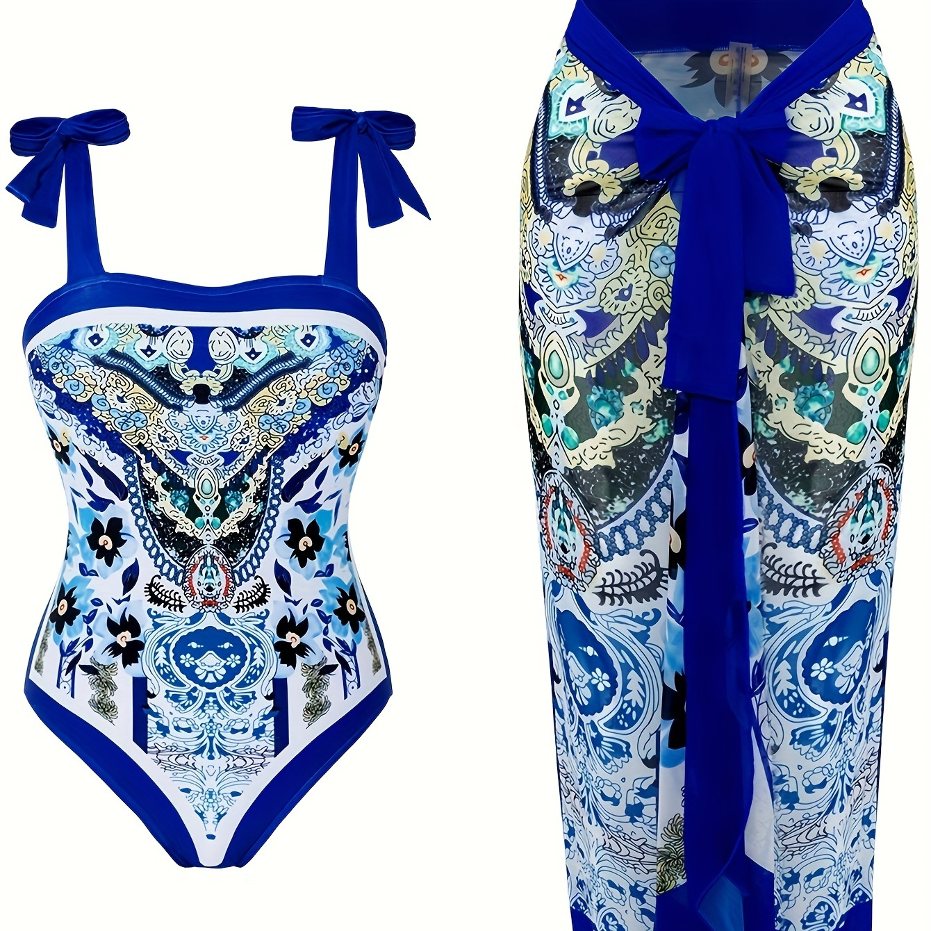 

Elegant Blue Floral Print Stretchy 2 Piece Swimsuits, Tie Shoulder Vintage One-piece Bathing-suit & Contrast Trim Maxi Cover Up Skirt, Women's Swimwear & Clothing