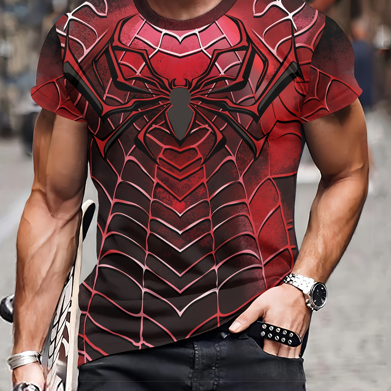 

Men' 3d Novelty T-shirt With Spider Web Design, Casual Polyester Knit Fabric, Round Neck, Regular Fit - Printed Pattern Novelty Apparel