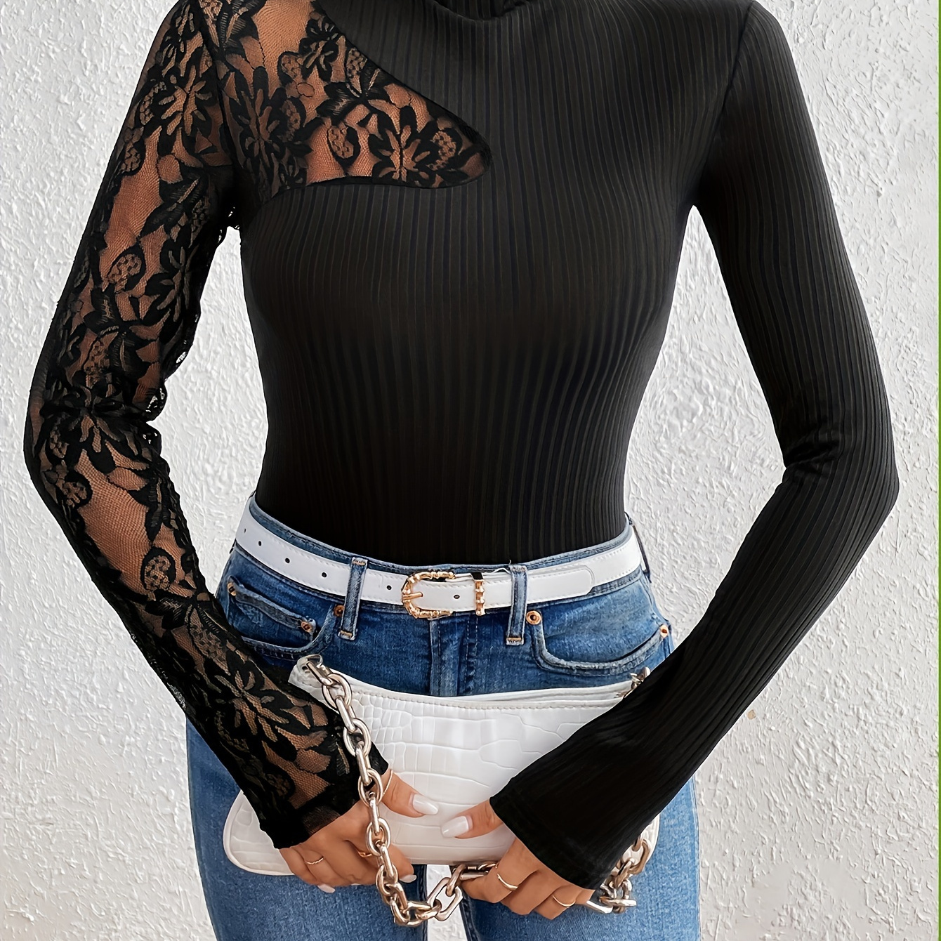 

Elegant + Spring And Autumn Fashionable Slim Black Lace Spliced Knitted Women's Top Sexy Long Sleeve T-shirt