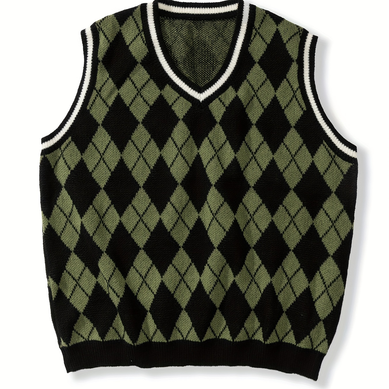 Men's Plus Size Argyle V-neck Sweater Vest, Sleeveless Pullover Knit Tops For Spring/autumn