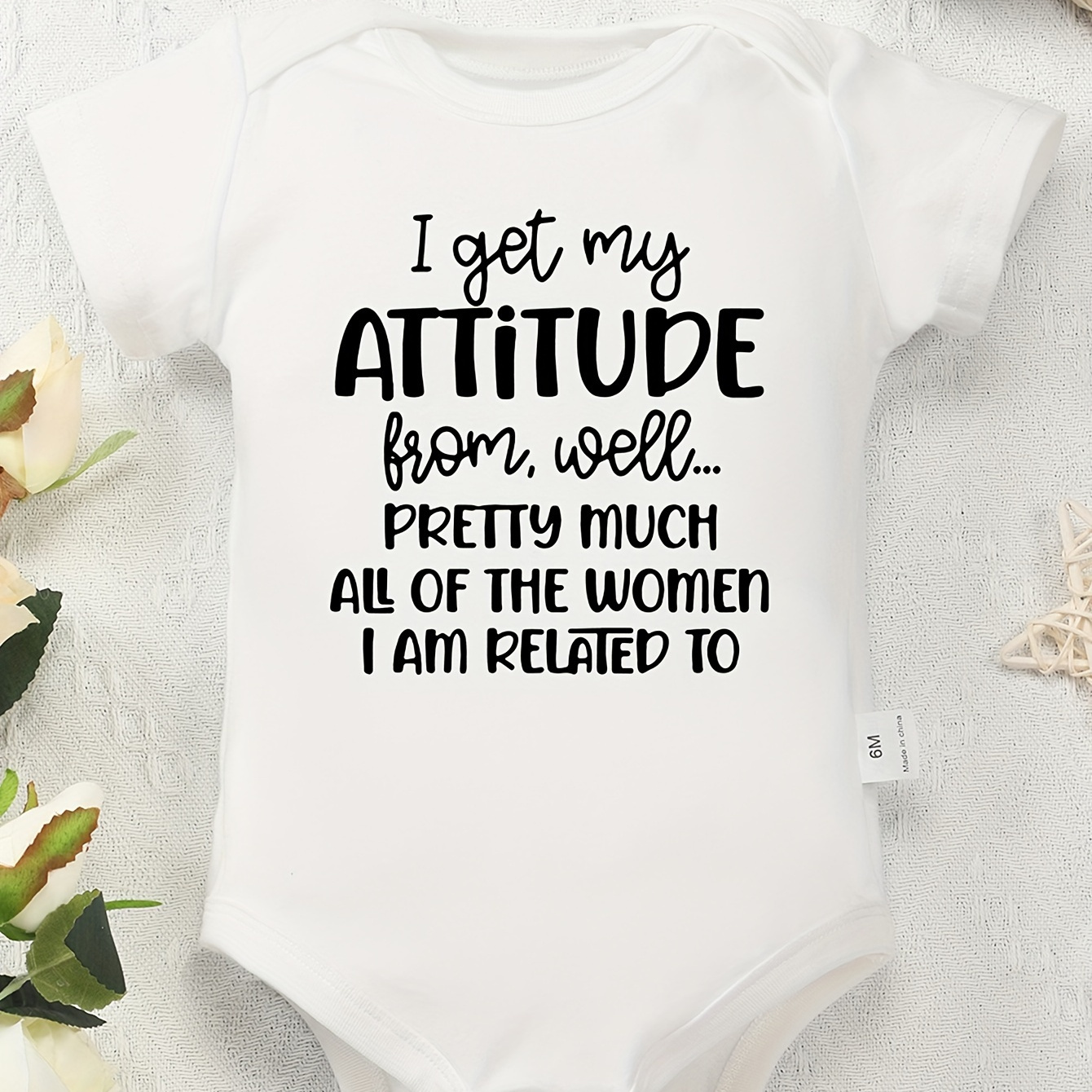 

Baby Boy's Bodysuit, 100% Cotton, "i Get My Attitude" Letter Print, Soft & Comfy, Short Sleeve, Casual Round Neck, Snap Closure - Newborn To Toddler Sizes