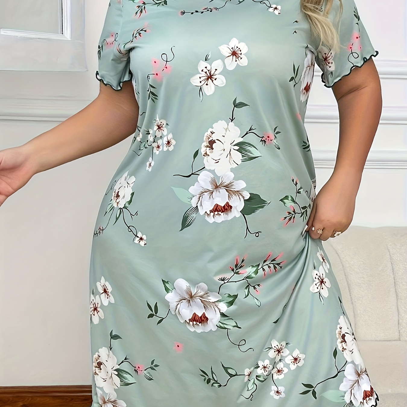 

Plus Size Dress, Women's Floral Print Short Sleeve Crew Neck Trim T-shirt Nightdress