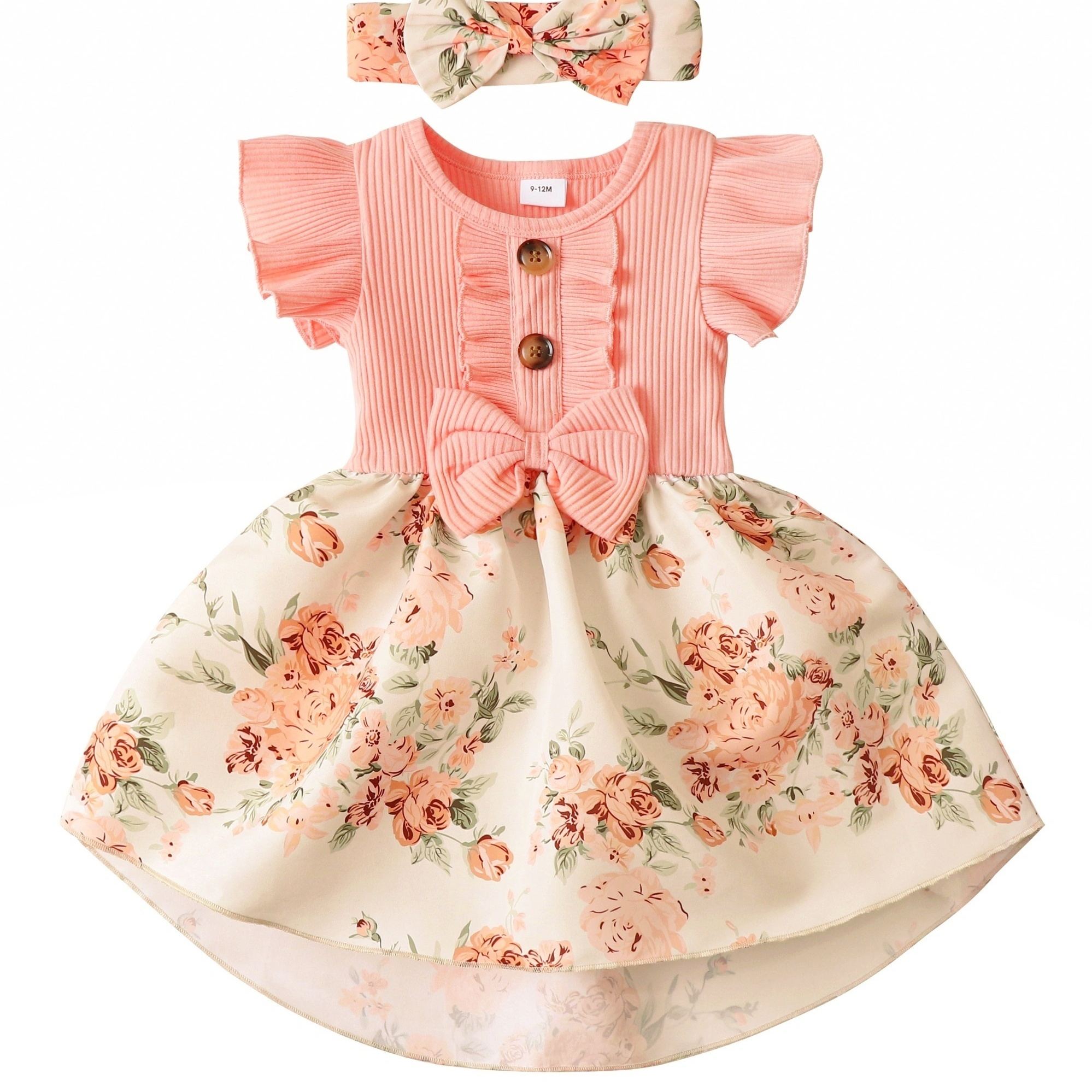 Adorable Floral Print Dress & Headband Set For Baby Girls - 2pcs!