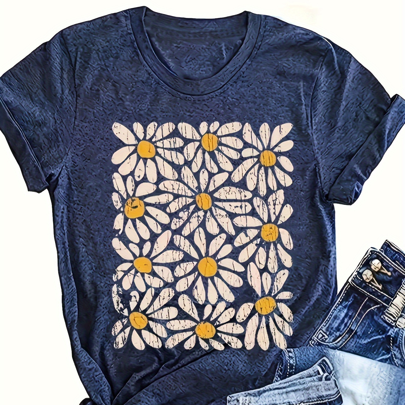 

Plus Size Floral Print T-shirt, Casual Crew Neck Short Sleeve T-shirt, Women's Plus Size clothing