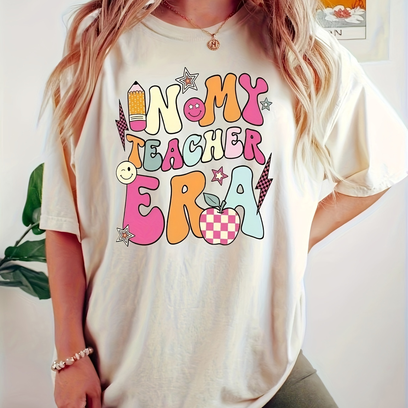 

Teacher & Pencil Print T-shirt, Casual Crew Neck Short Sleeve Top For Spring & Summer, Women's Clothing