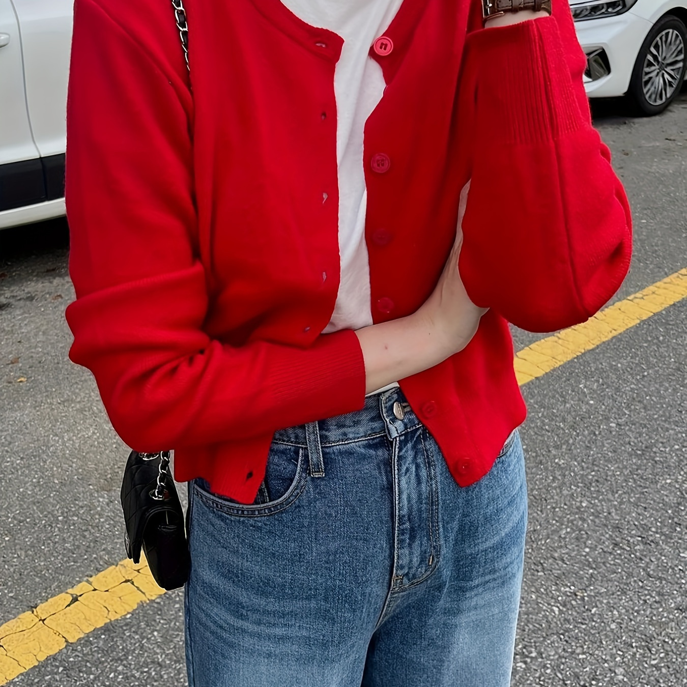 

Elegant Solid Color Button-up Knit Cardigan - Long Sleeve, Crew Neck Women's Top For All