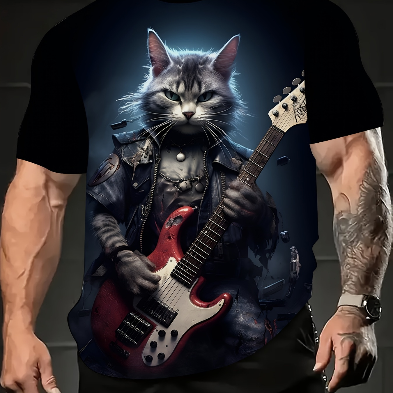 

Men's Rock Cat Graphic T-shirt - Black With Vibrant 3d Print, Casual Summer Short Sleeve Tee, Polyester & Spandex , Machine Washable