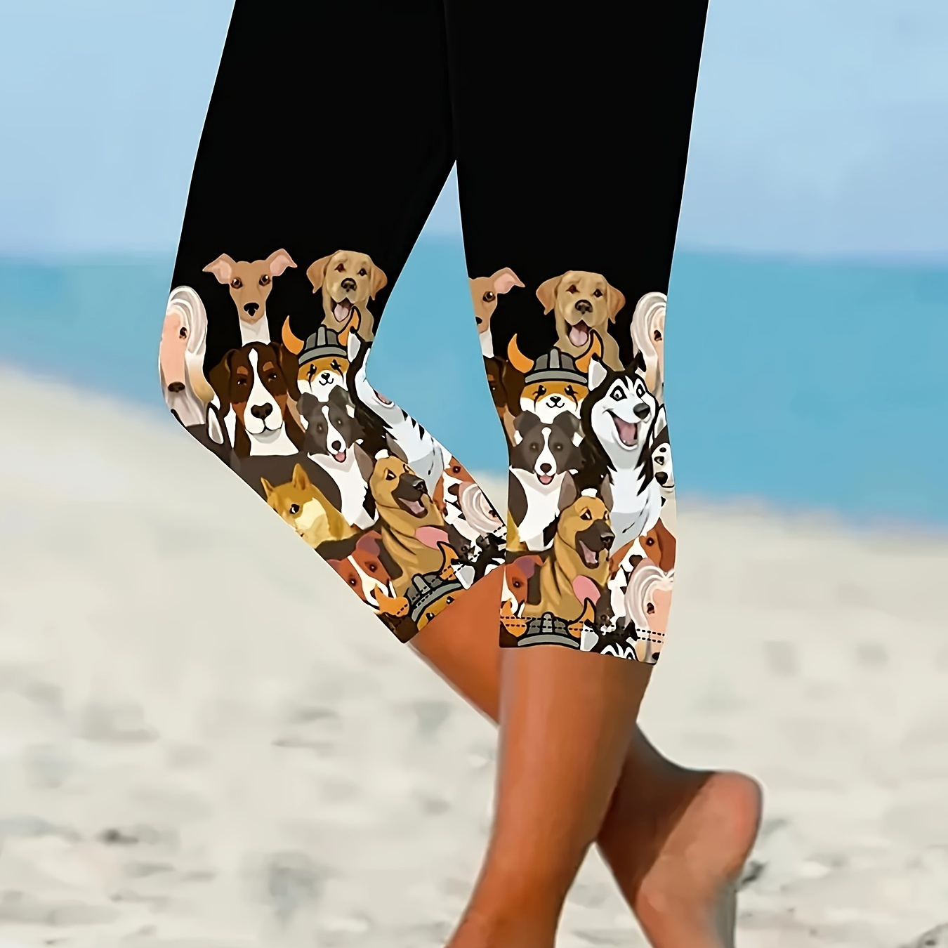 

Plus Size Cartoon Dog Print Capri Leggings, Casual High Waist Stretchy Leggings For Spring & Summer, Women's Plus Size Clothing