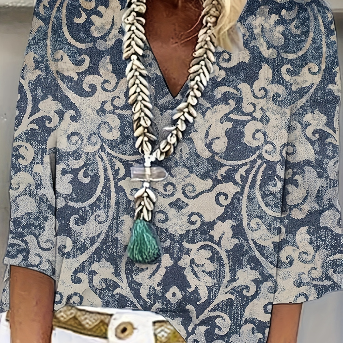 

Floral Print V Neck Blouse, Casual Three-quarter Sleeve Blouse For Spring & Summer, Women's Clothing
