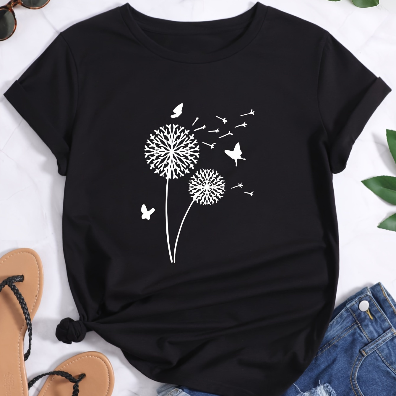 

Dandelion Print Crew Neck T-shirt, Casual Short Sleeve T-shirt For Spring & Summer, Women's Clothing