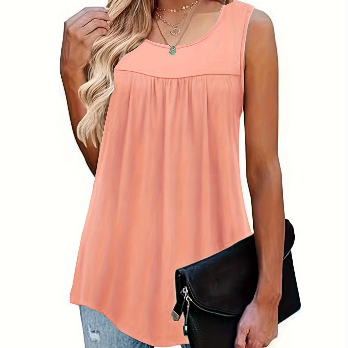 

Plus Size Solid Color Crew Neck Tank Top, Casual Ruched Sleeveless Tank Top For Spring & Summer, Women's Plus Size Clothing