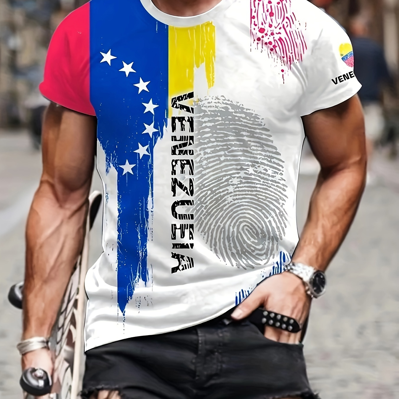 

Men's Venezuela Theme Finger Print And Color Block Pattern T-shirt, Crew Neck And Short Sleeve Tees For Men, Chic And Stylish Tops For Summer Daily And Holiday Wear