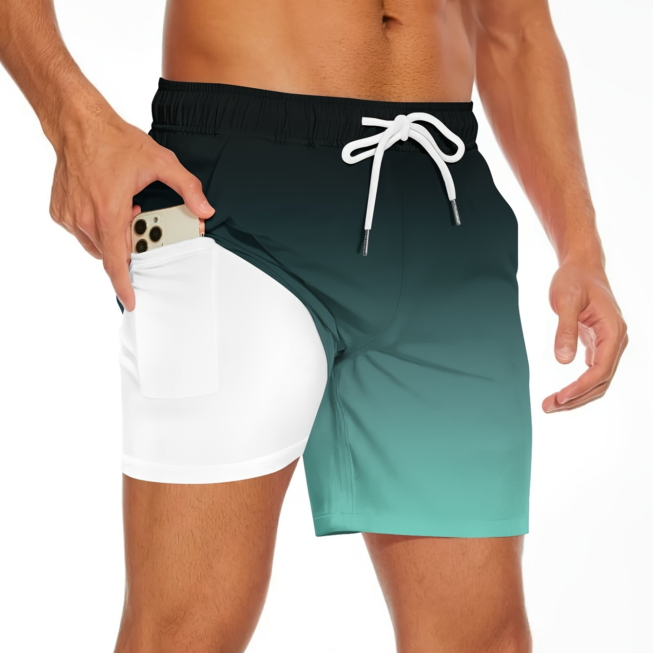 

Men's Trendy Hawaiian Graphic Shorts With Drawstring And Lining In Gradient Color For Summer Beach, Pool And Resort