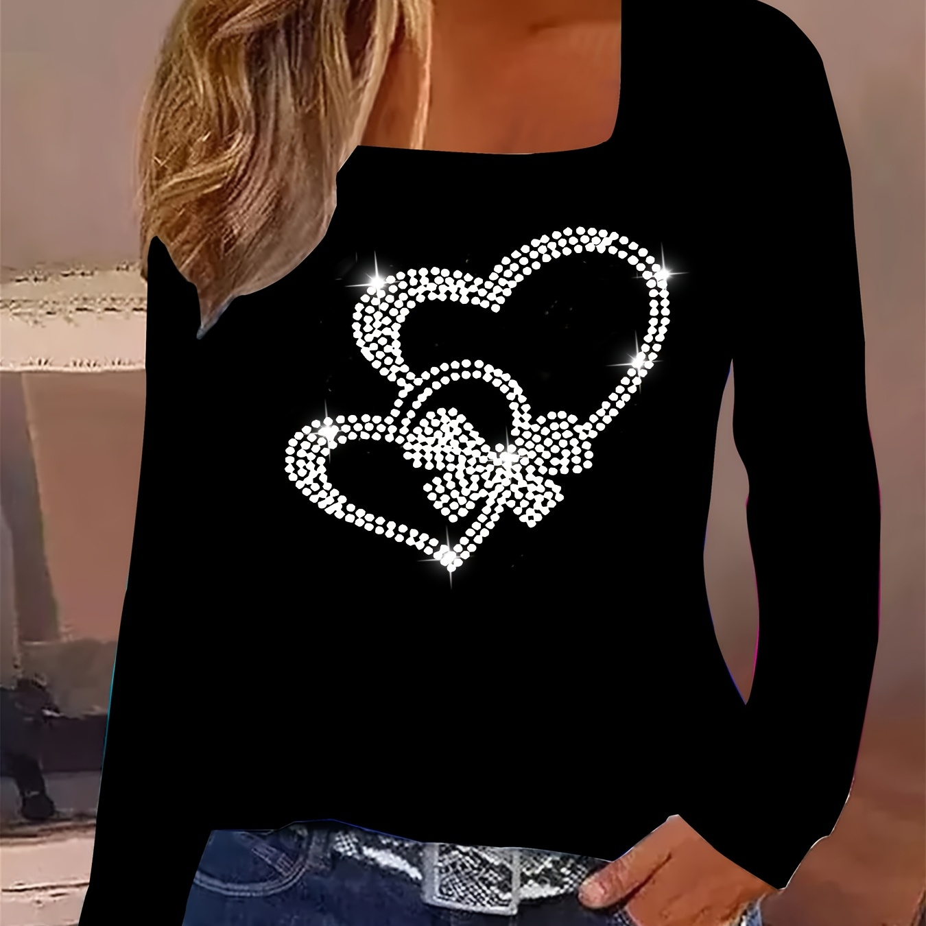 

Elegant Trend Women' Neck Heart Bow Long Sleeve T-shirt