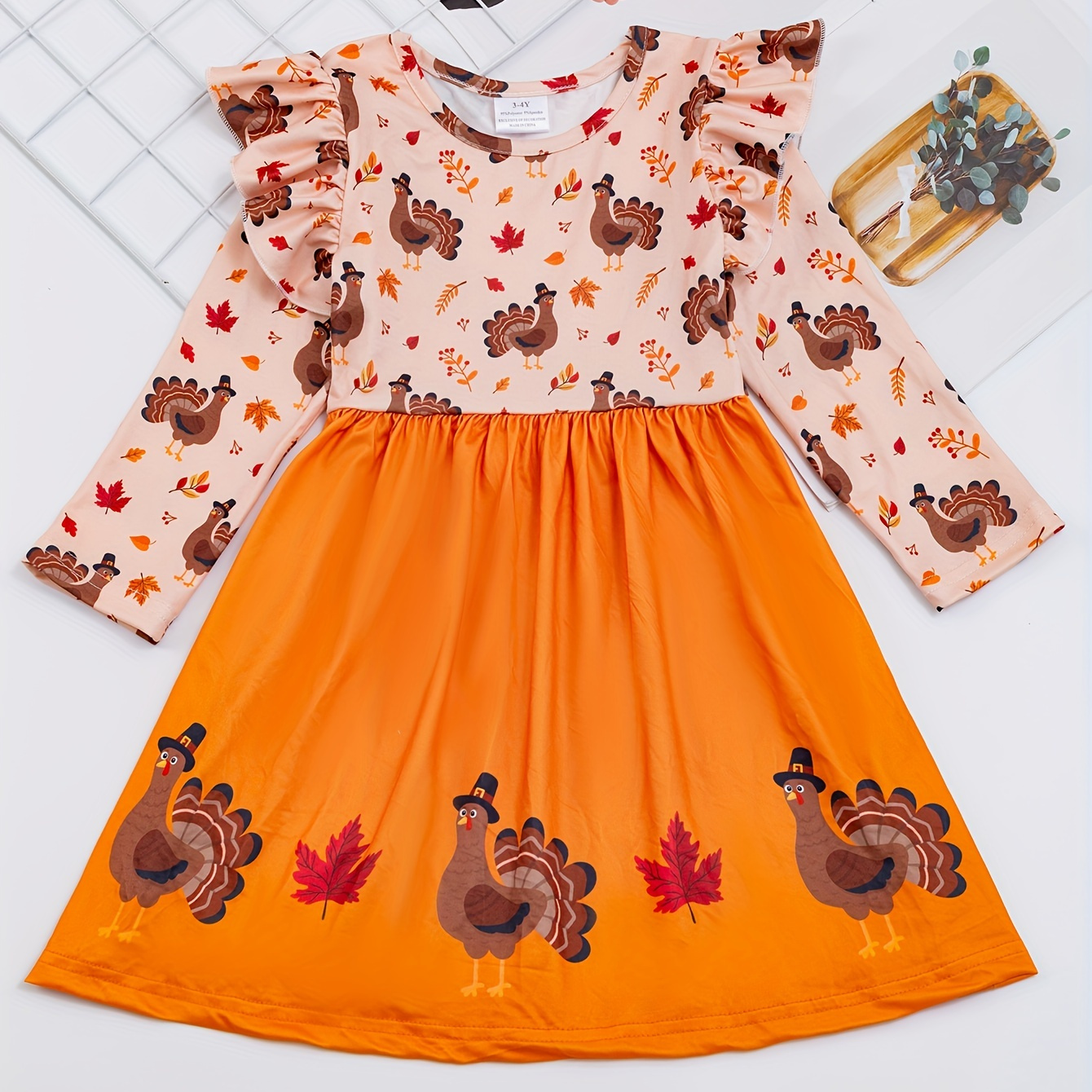 

Cute Girls' Splicing Turkey Print Flutter Trim Dress For Spring Fall Party Kids Clothes