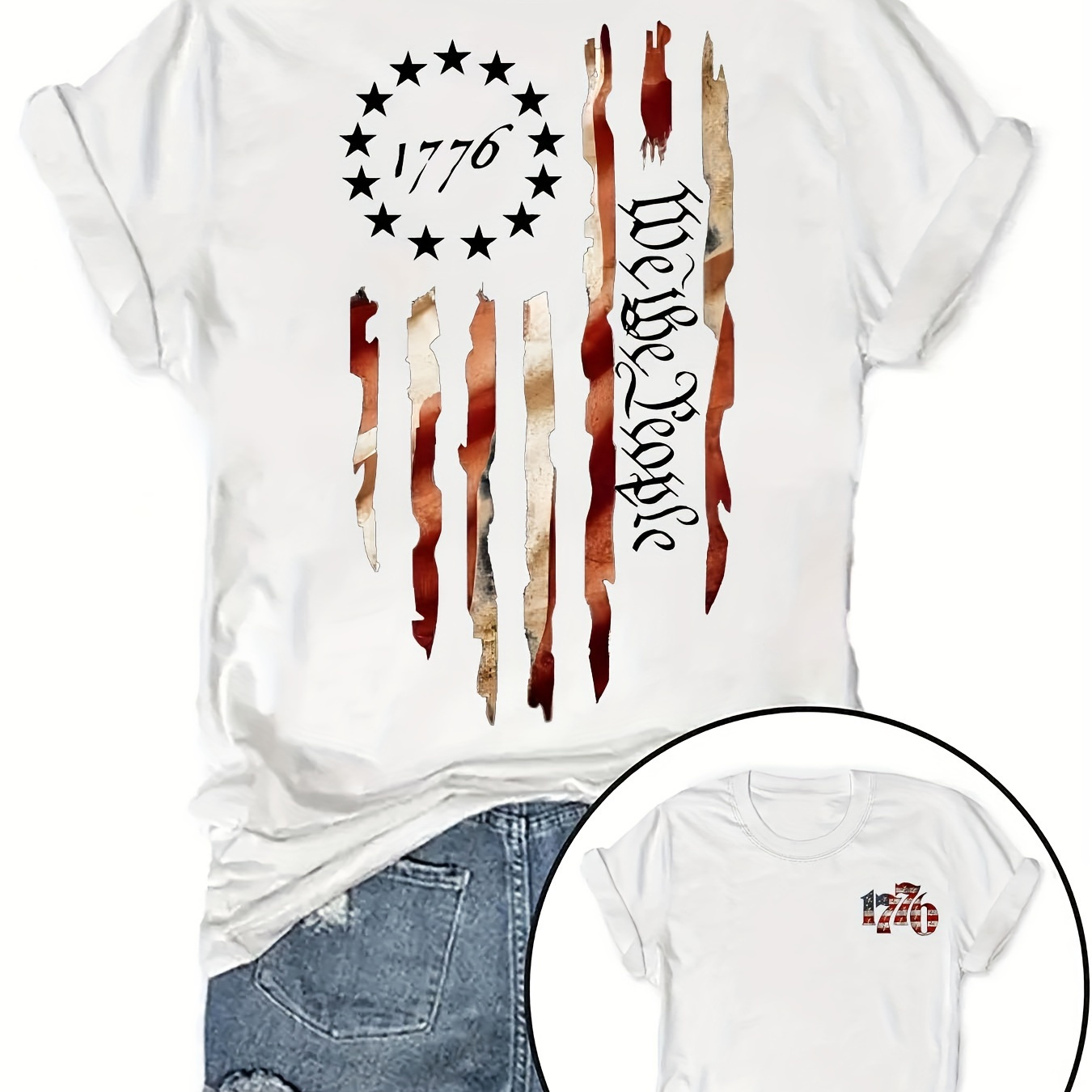 

Independence Day Flag Print T-shirt, Short Sleeve Crew Neck Casual Top For Summer & Spring, Women's Clothing